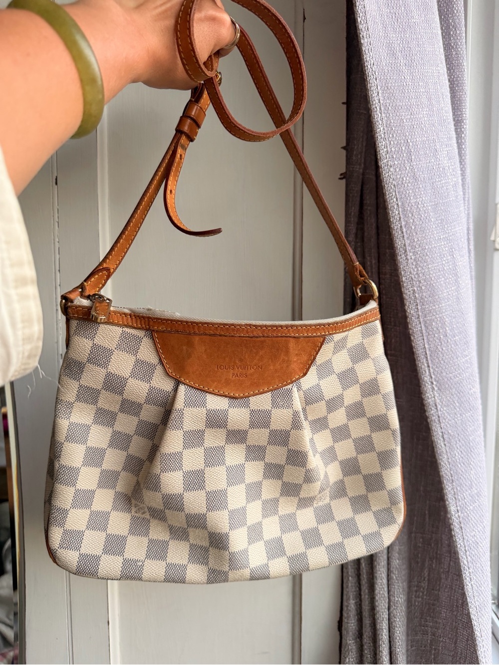 Louis Vuitton Damier Azur Check Shoulder Bag with Cognac Trim